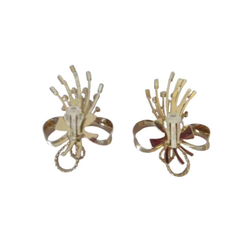 Vintage 60s Sarah Coventry Gold Tone Larger Bows w Clear Rhinestones Clip On Ear - Picture 3 of 5